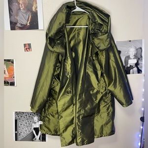 Reflective green raincoat.
